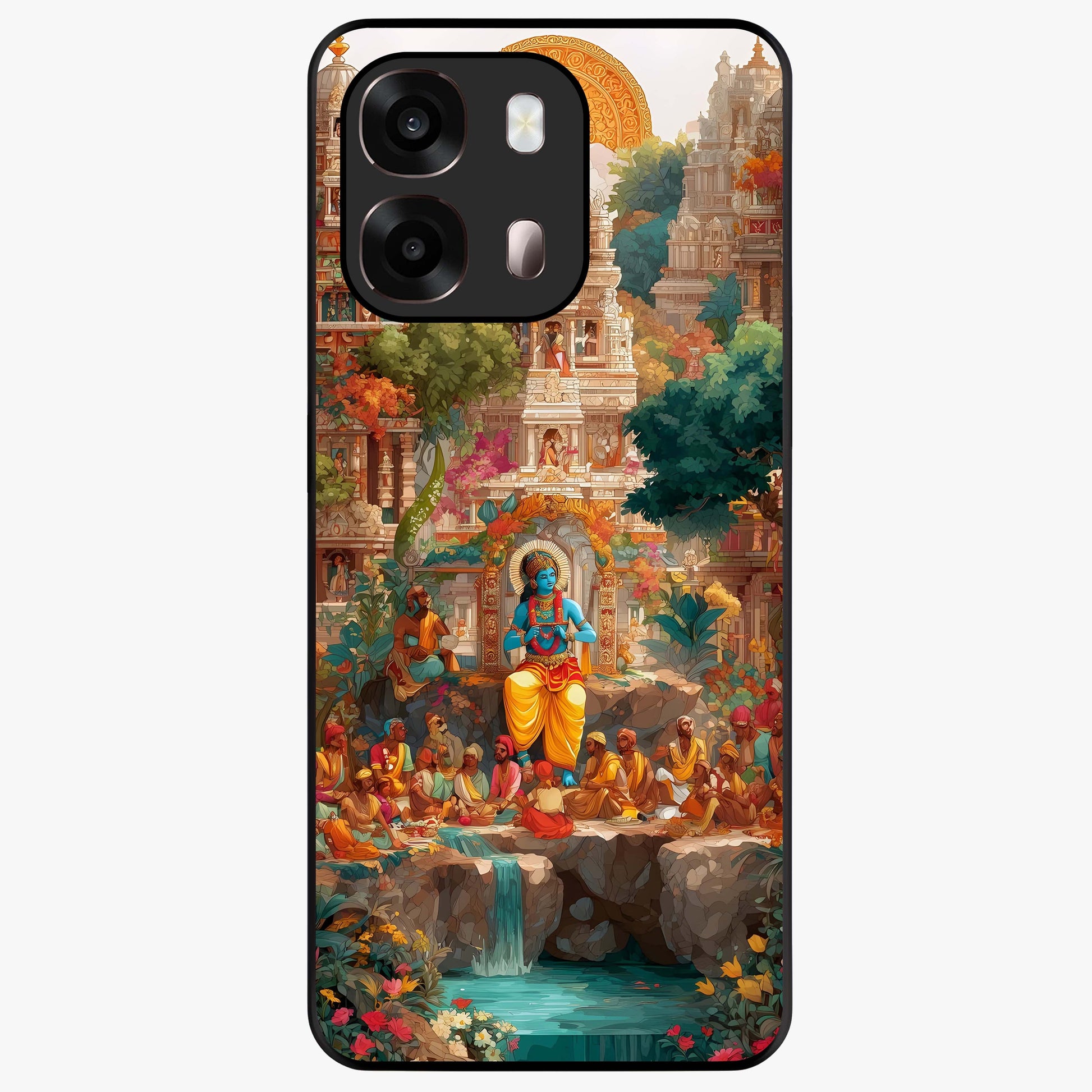 Sacred Sunlight Gods Glass Case showing flat back view with divine sunlight themed artwork and glossy glass finish.
