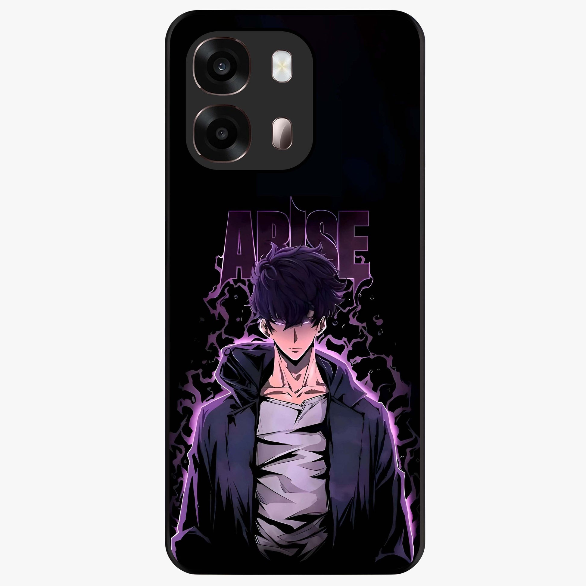 Shadow Monarch Awakening Glass Case showing flat back view with powerful dark monarch themed artwork and glossy glass finish.