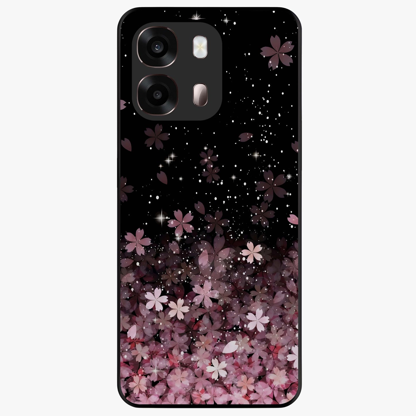 Small Starry Flowers Glass Case showing flat back view with delicate starry floral artwork and glossy glass finish.