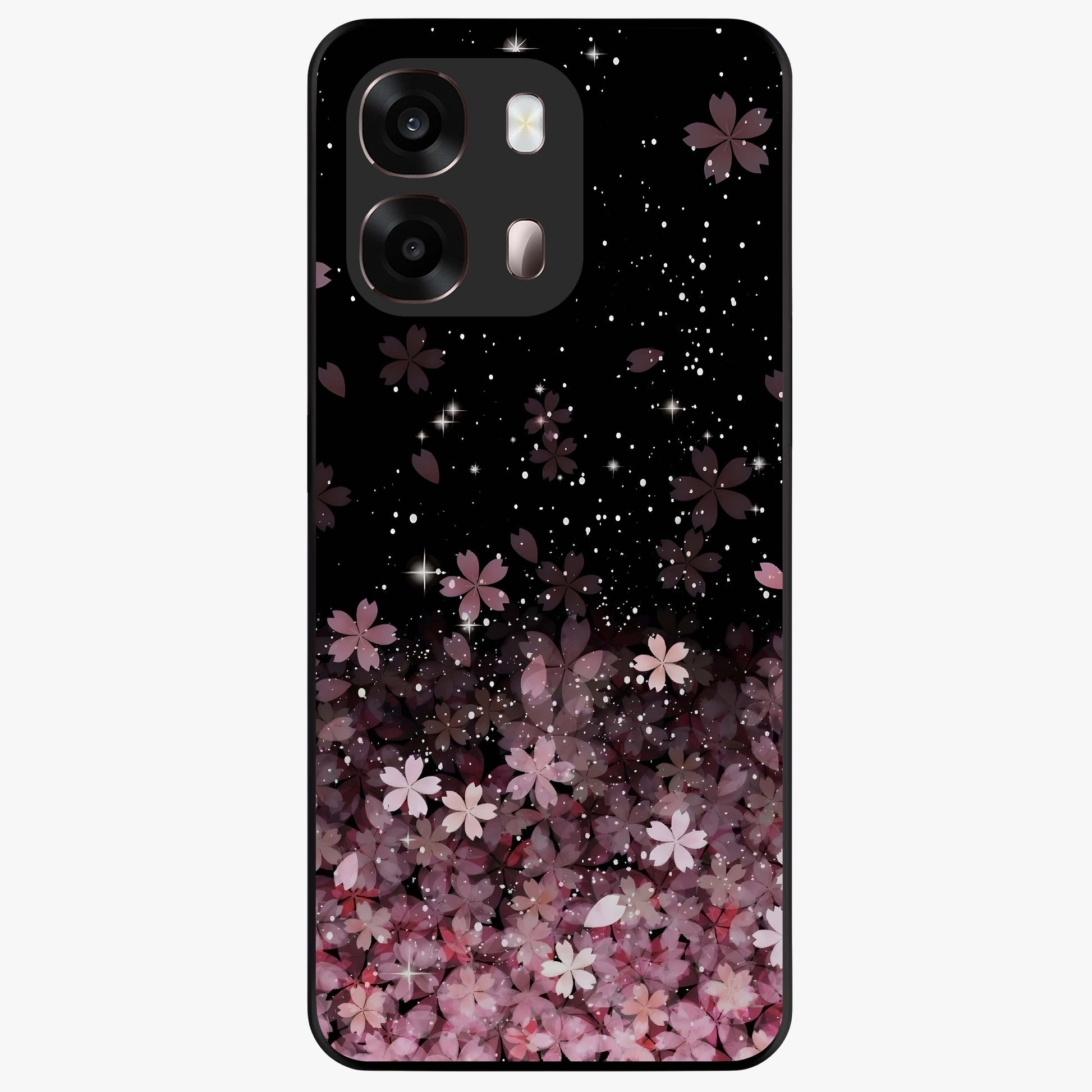 Small Starry Flowers Glass Case showing flat back view with delicate starry floral artwork and glossy glass finish.