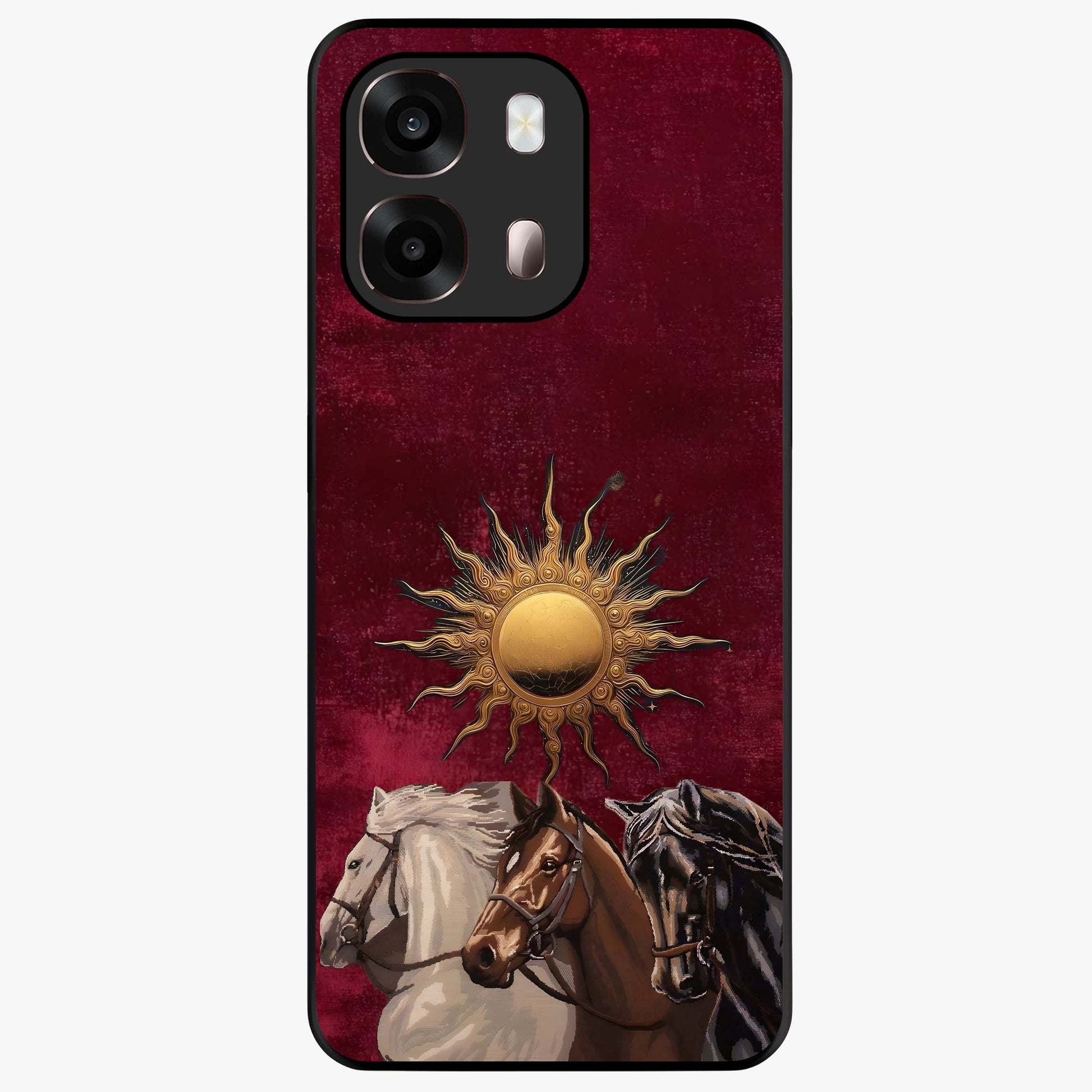 Solar Riders Glass Case showing flat back view with dynamic rider themed artwork and glossy glass finish.