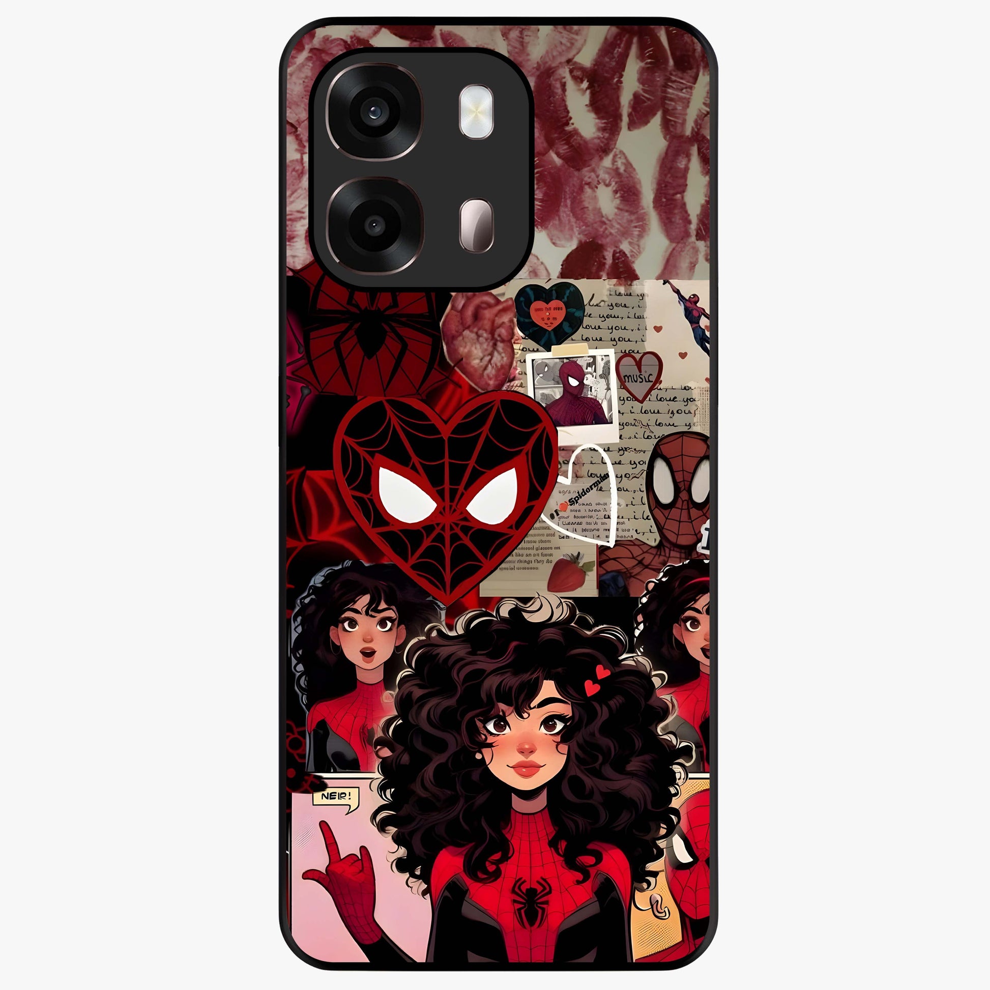 Spider Love Story Glass Case showing flat back view with romantic superhero themed artwork and glossy glass finish.