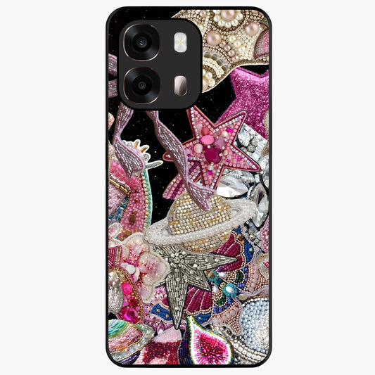 Starlit Jewel Dream Glass Case showing flat back view with sparkling jewel and star themed artwork and glossy glass finish.