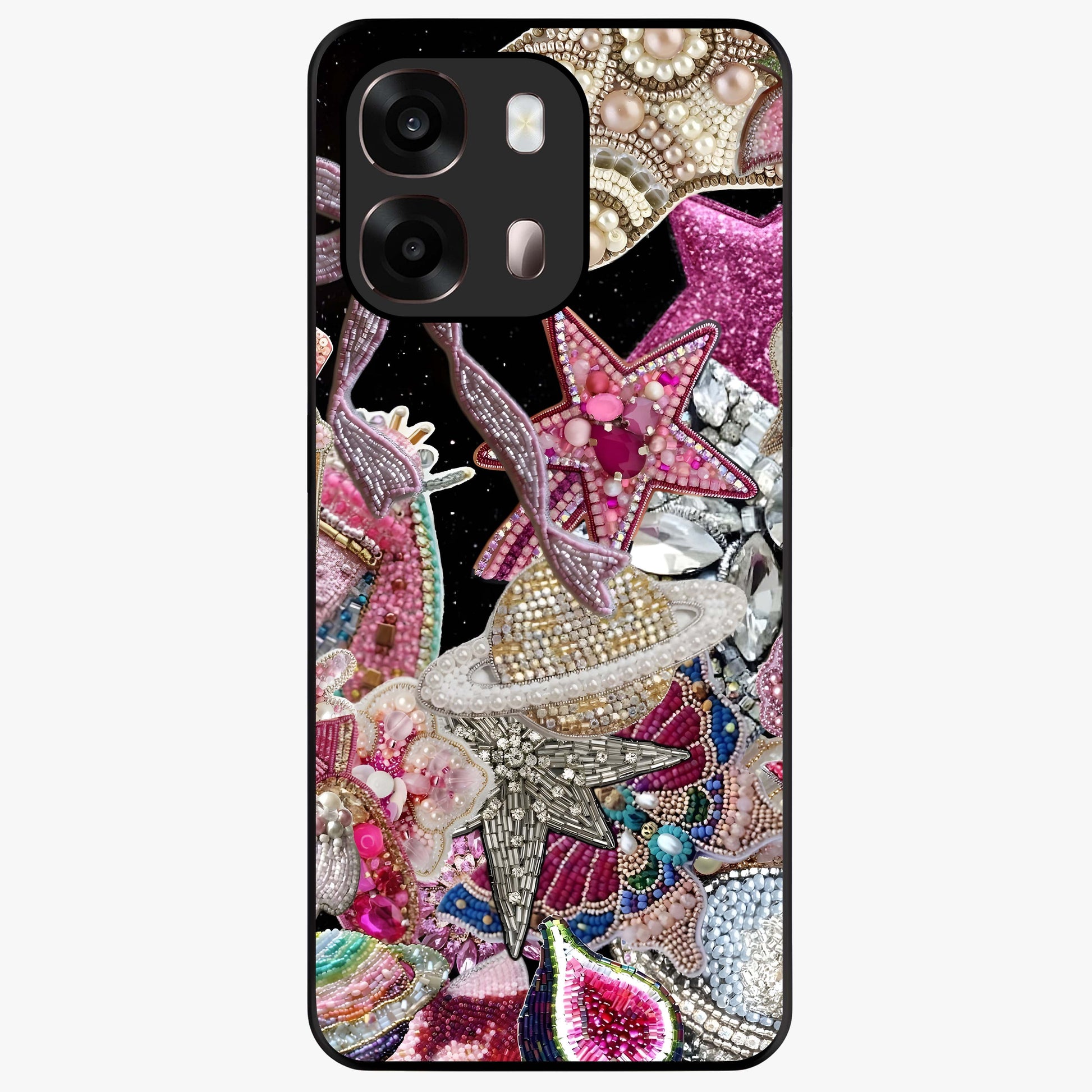 Starlit Jewel Dream Glass Case showing flat back view with sparkling jewel and star themed artwork and glossy glass finish.