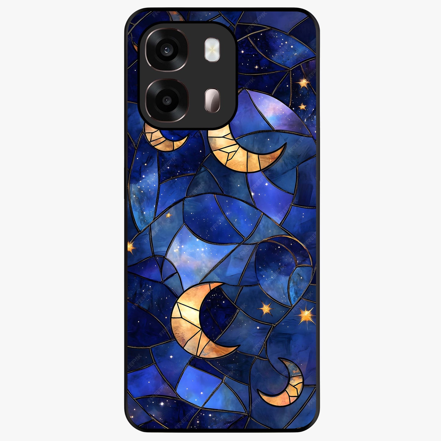 Starlit Sky Tapestry Glass Case showing flat back view with decorative starry sky tapestry artwork and glossy glass finish.