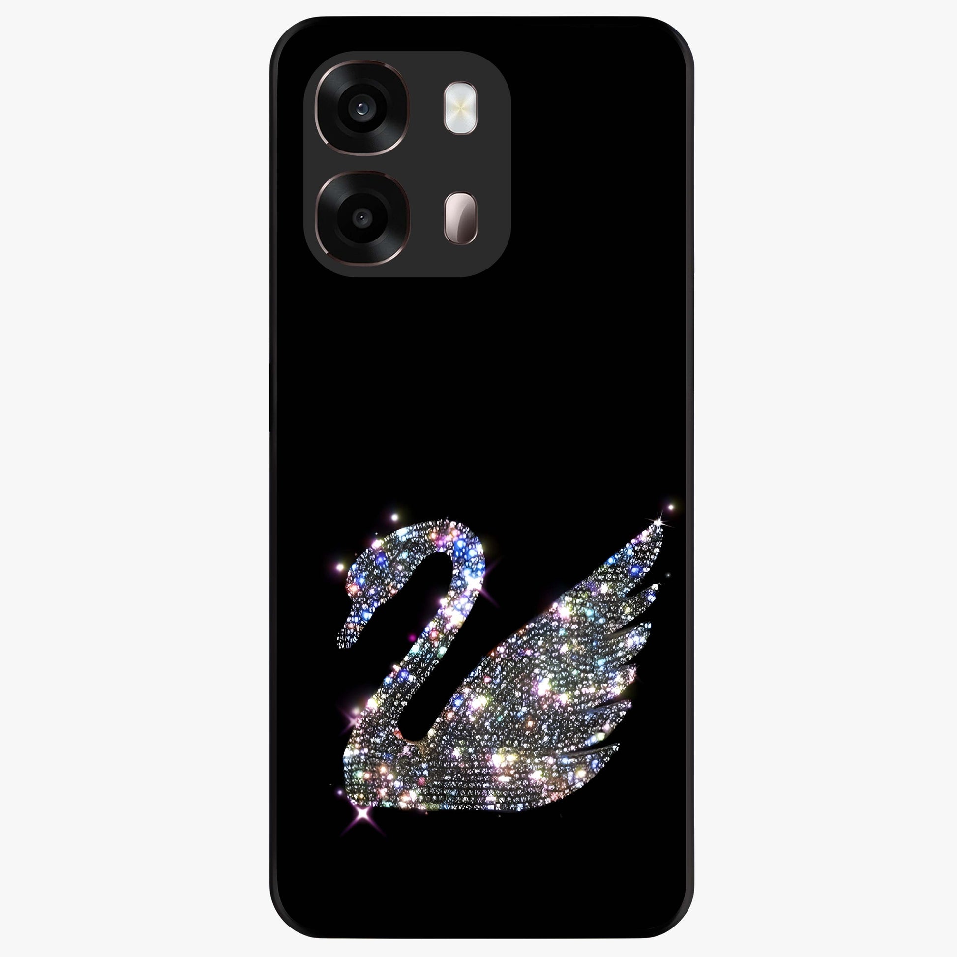 Starlit Swan Grace Glass Case showing flat back view with graceful swan artwork under starry sky and glossy glass finish.