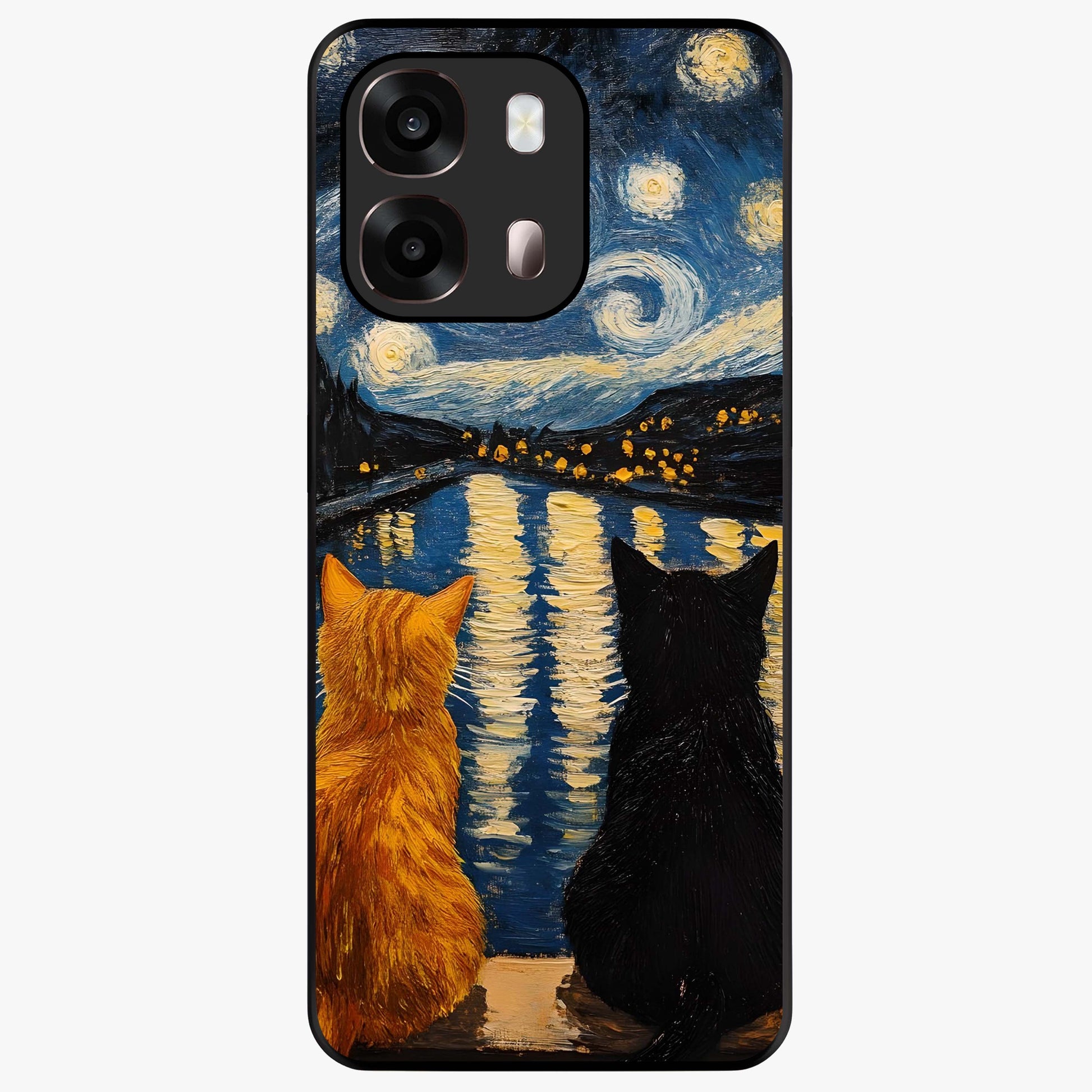 Starry River Cats Glass Case showing flat back view with cats by a starry river artwork and glossy glass finish.
