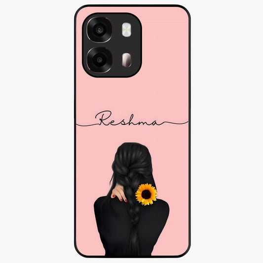 Sunflower Braid Beauty With Custom Name Glass Case showing flat back view with sunflower braid artwork and personalized name design.