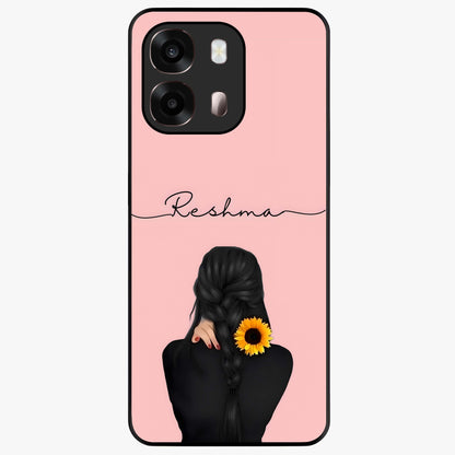 Sunflower Braid Beauty With Custom Name Glass Case showing flat back view with sunflower braid artwork and personalized name design.