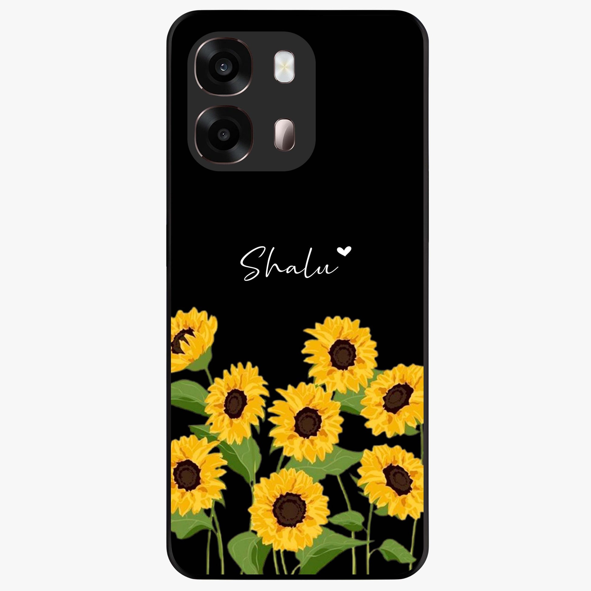 Sunflower Chic Mood Custom Name Glass Case showing flat back view with stylish sunflower artwork and personalized name design.