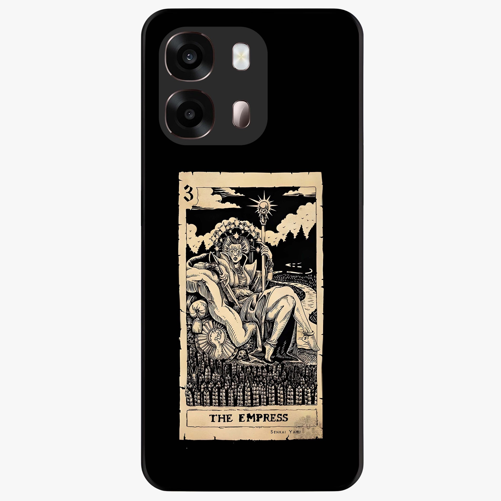 The Empress Glass Case showing flat back view with regal feminine artwork and glossy glass finish.