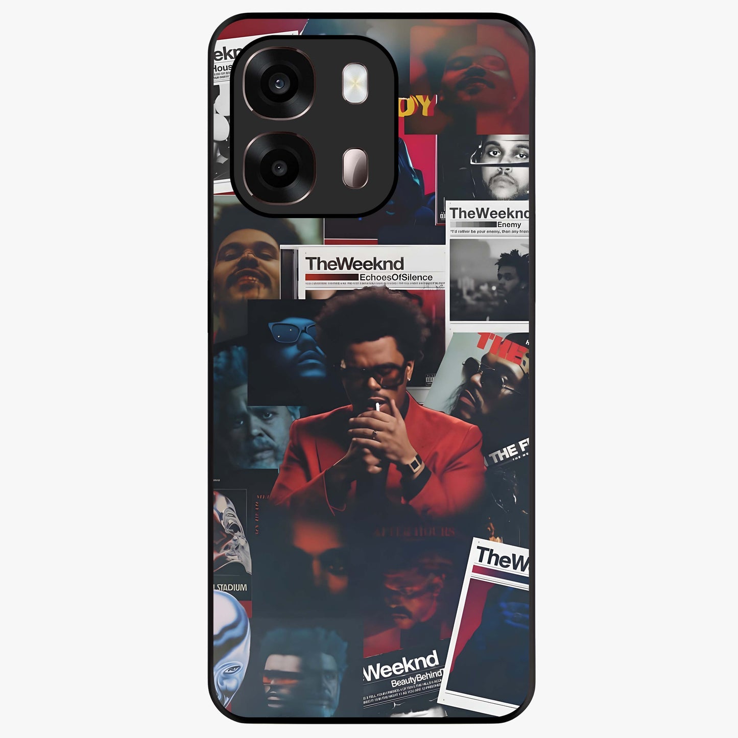 The Weeknd Glass Case showing flat back view with music inspired artistic portrait artwork and glossy glass finish.