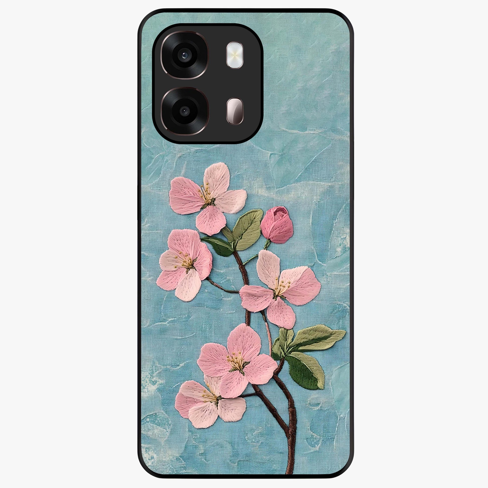 Threaded Blossom Breeze Glass Case showing flat back view with delicate blossom artwork and glossy glass finish.