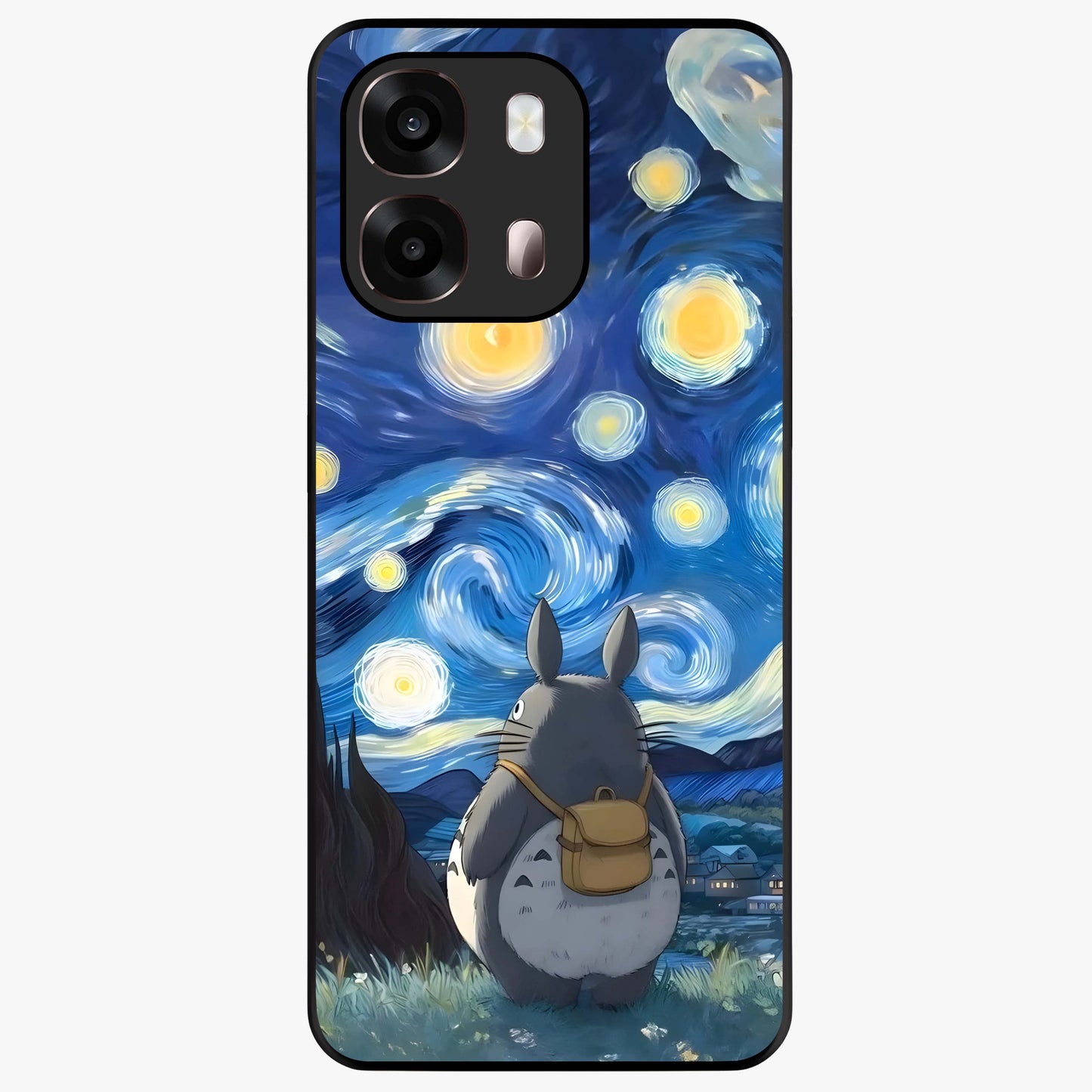 Totoro In Van Gogh Art Glass Case showing flat back view with whimsical character artwork inspired by Van Gogh style and glossy glass finish.