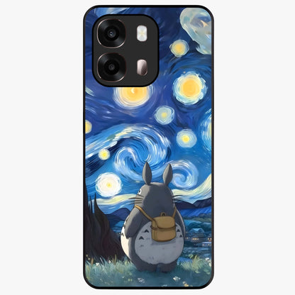Totoro In Van Gogh Art Glass Case showing flat back view with whimsical character artwork inspired by Van Gogh style and glossy glass finish.