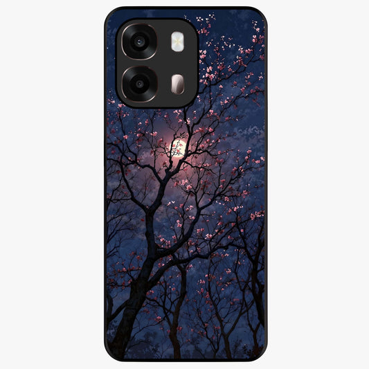 Twilight Sakura Serenade Glass Case showing flat back view with cherry blossom artwork at twilight and glossy glass finish.