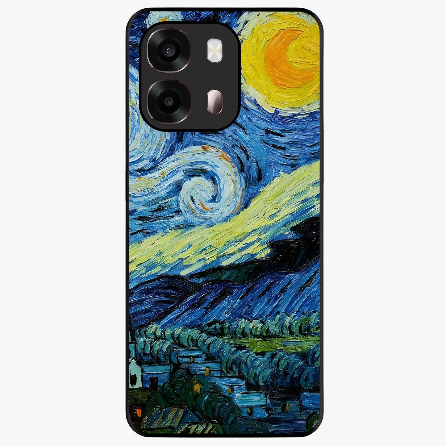 Van Gogh Art Glass Case showing flat back view with classic painterly artwork inspired by Van Gogh style and glossy glass finish.