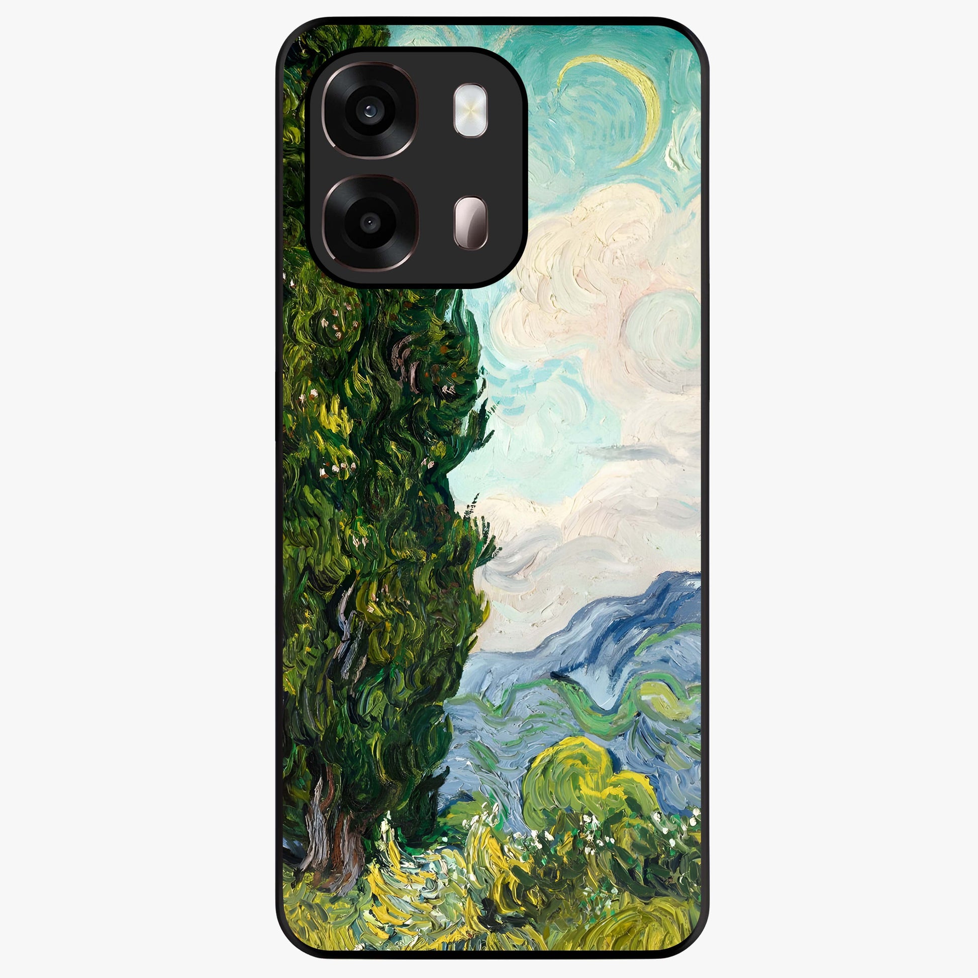 Van Gogh Vintage Art Glass Case showing flat back view with vintage painterly artwork inspired by Van Gogh style and glossy glass finish.