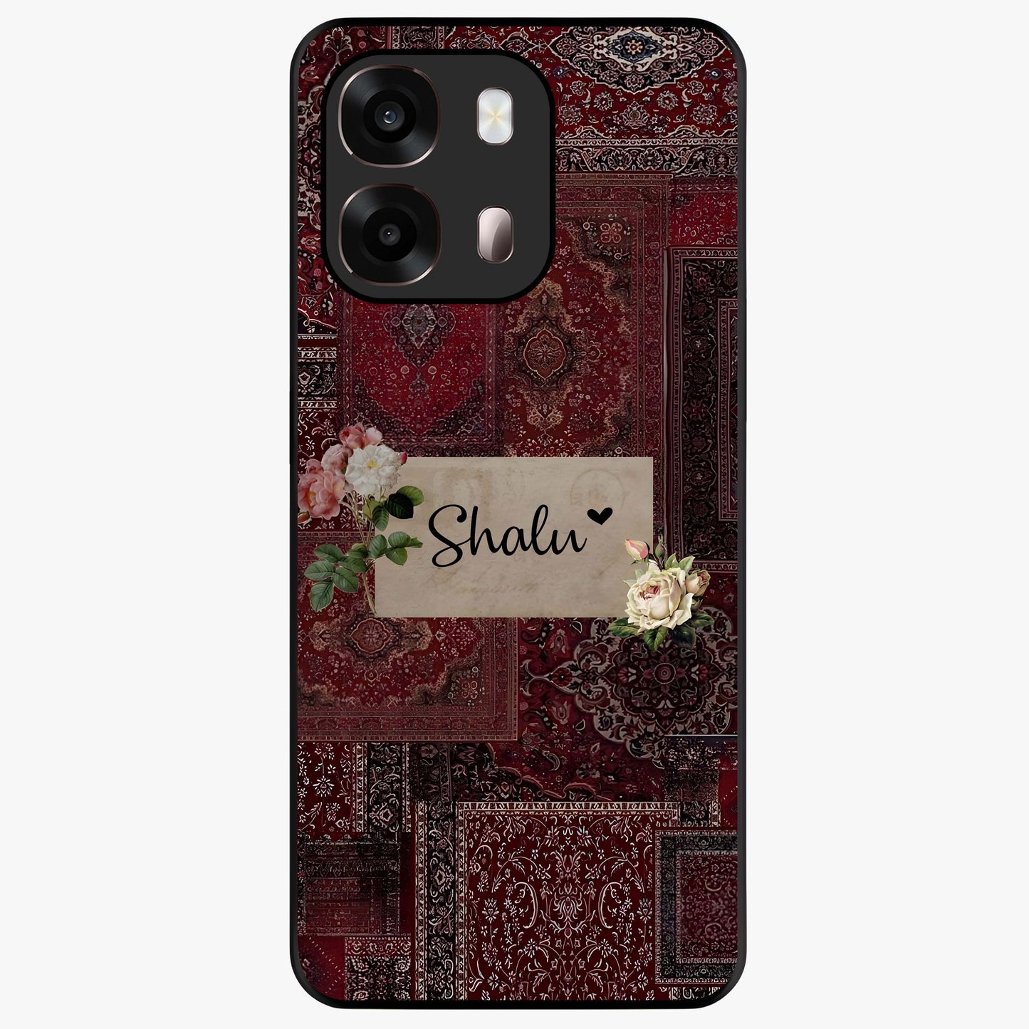 Velvet Wine Pattern Custom Name Glass Case showing flat back view with elegant wine colored pattern artwork and personalized name design.
