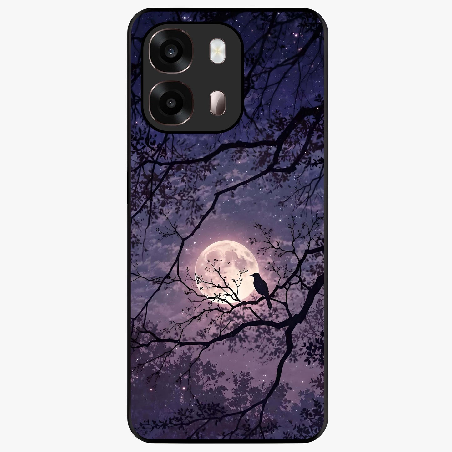 Whispering Moon Silence Glass Case showing flat back view with serene moon themed artwork and glossy glass finish.