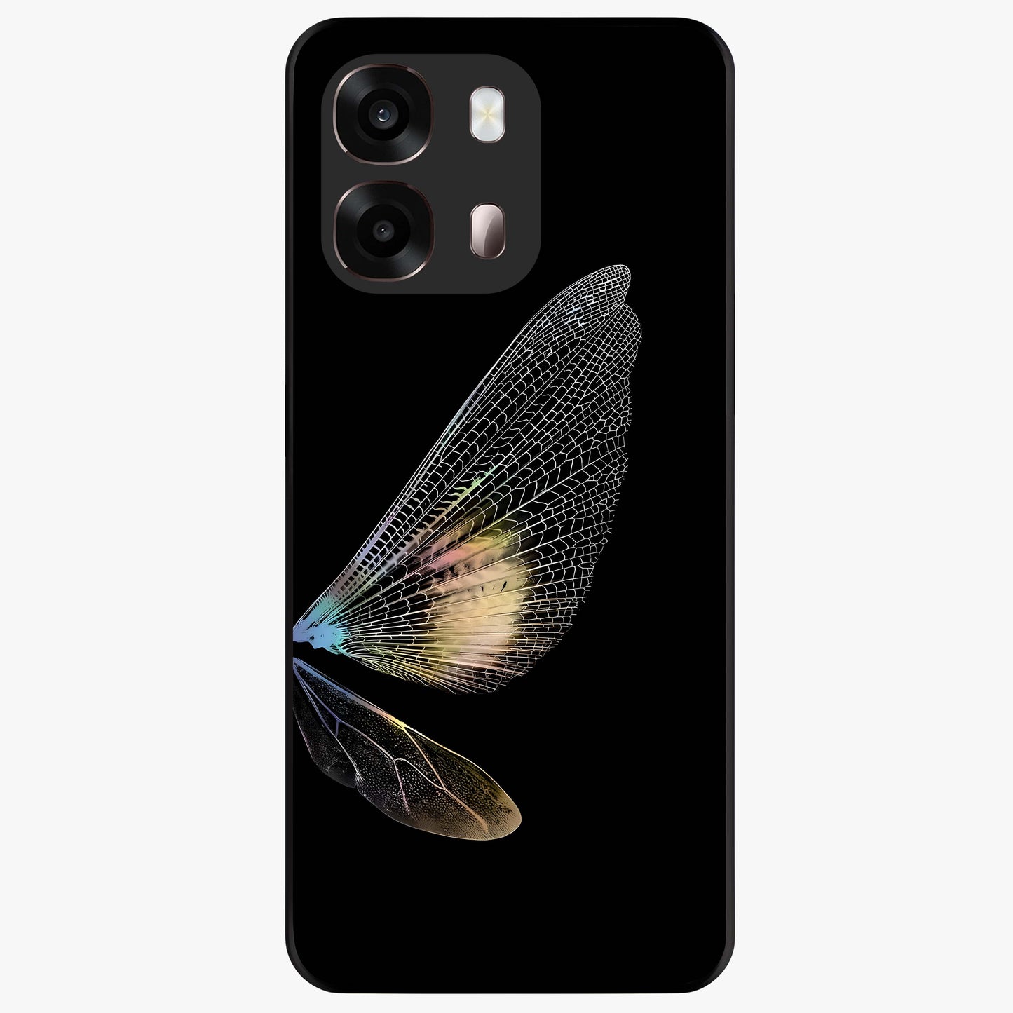 Whispers Of Wings Glass Case showing flat back view with graceful wing inspired artwork and glossy glass finish.