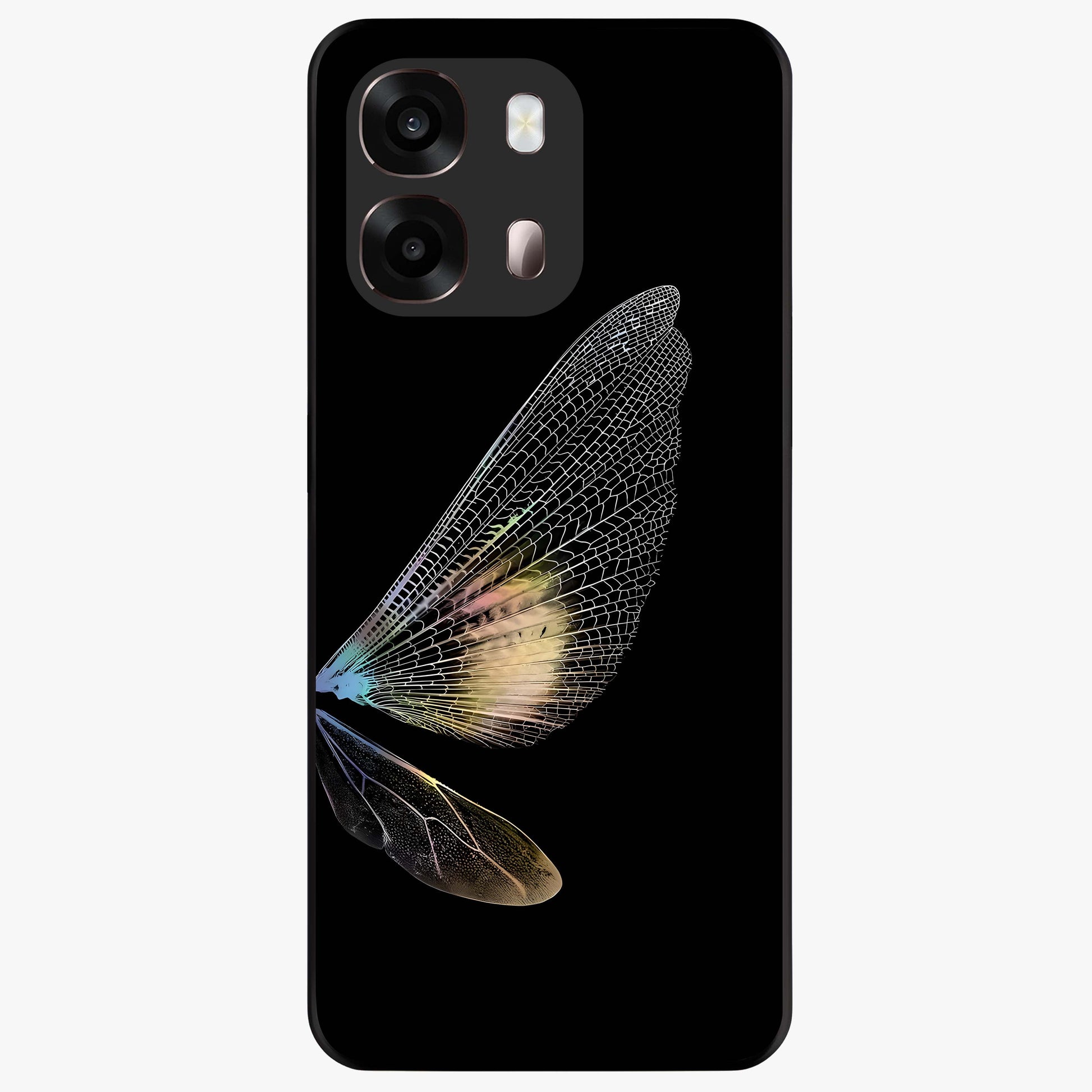 Whispers Of Wings Glass Case showing flat back view with graceful wing inspired artwork and glossy glass finish.