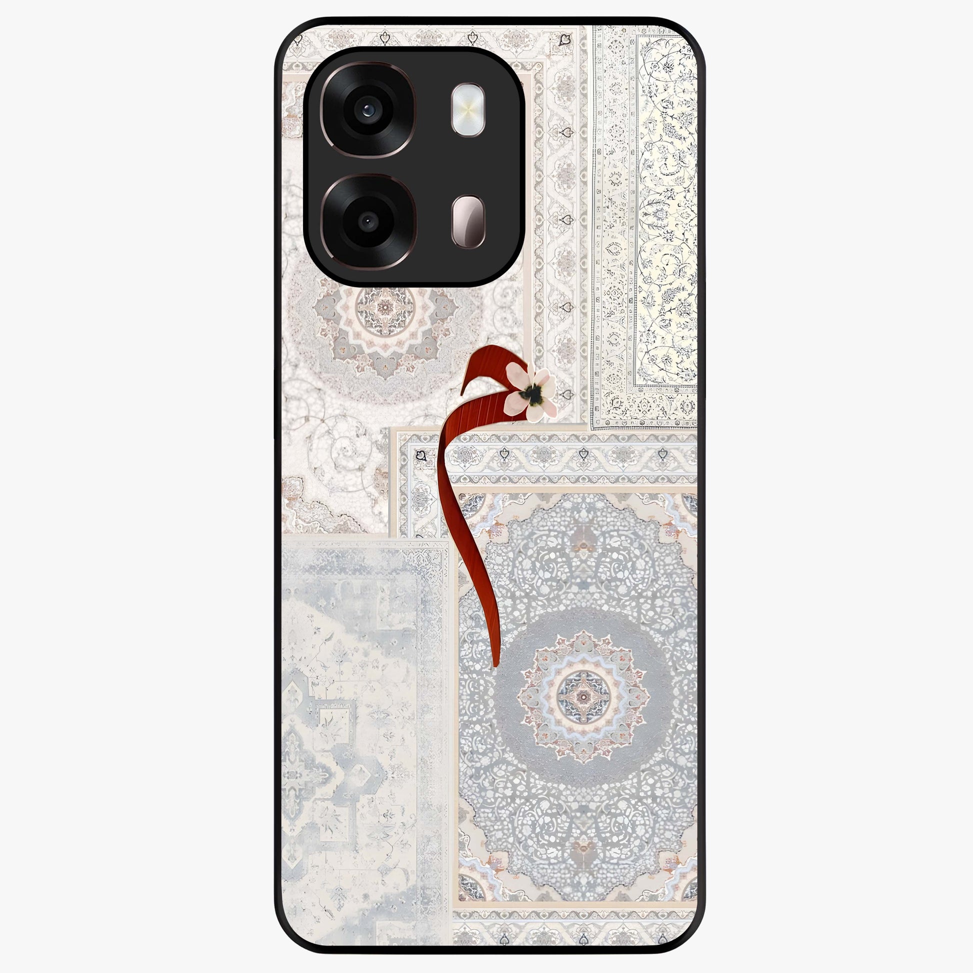 White Aesthetic Bow Glass Case showing flat back view with minimal bow artwork and glossy glass finish.