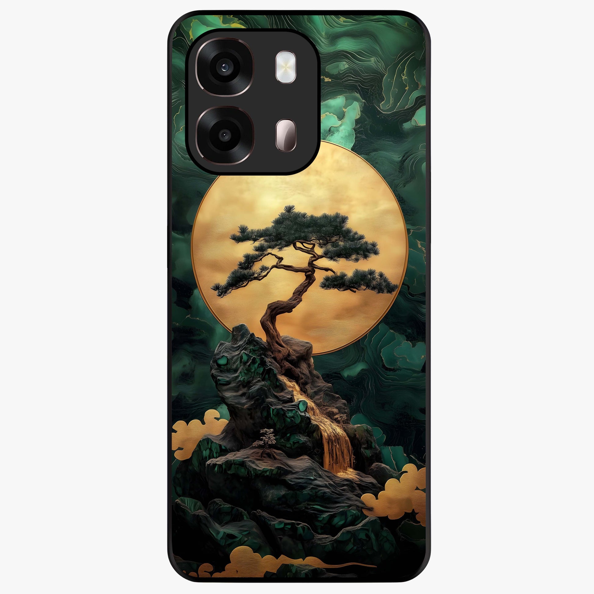 Zen Moon Rise Glass Case showing flat back view with calm moonrise artwork and glossy glass finish.