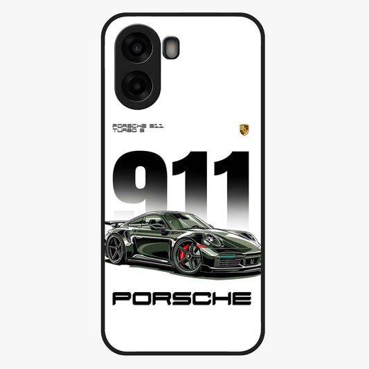 911 Turbo Dominance Glass Case showing clean flat back view with bold 911 sports car artwork and glossy glass finish.