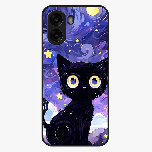 Abstract Cat Art Glass Case showing flat back view with artistic cat illustration and glossy glass finish.