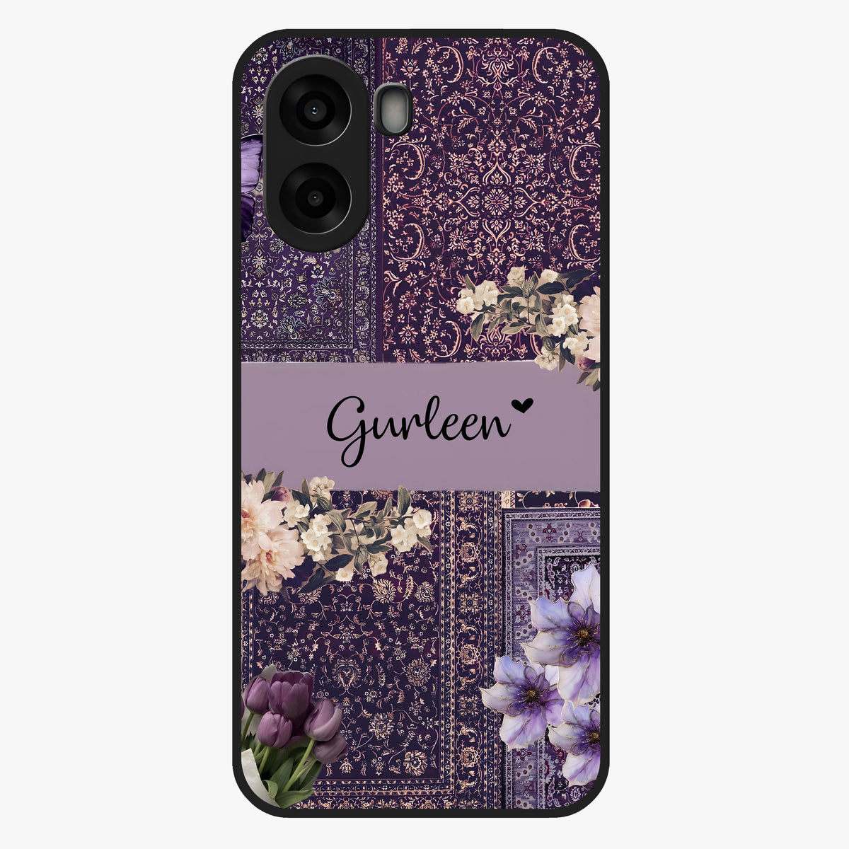 Antique Floral Whisper Custom Name Glass Case showing flat back view with vintage floral artwork and personalized name design.
