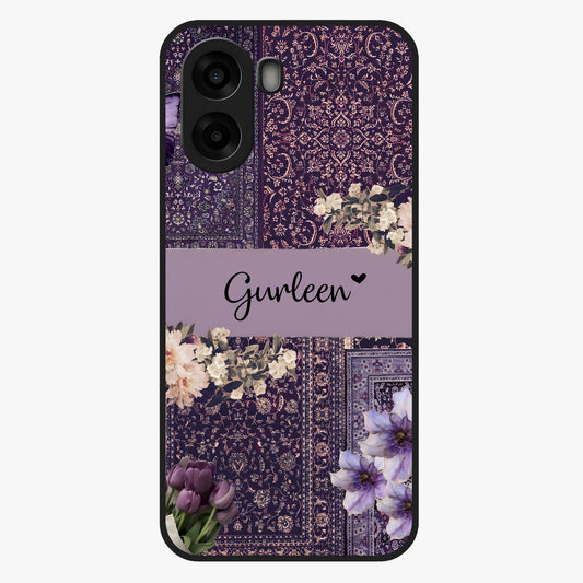 Antique Floral Whisper Custom Name Glass Case showing flat back view with vintage floral artwork and personalized name design.