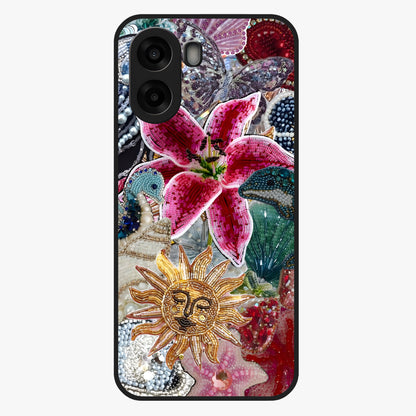 Beaded Garden Fantasy Glass Case showing flat back view with dreamy garden bead artwork and glossy glass finish.