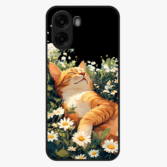 Blissful Bloom Cat Glass Case showing flat back view with cute cat and floral bloom artwork and glossy glass finish.