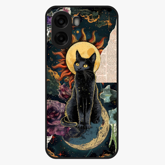 Celestial Black Cat Glass Case showing flat back view with mystical black cat artwork and glossy glass finish.