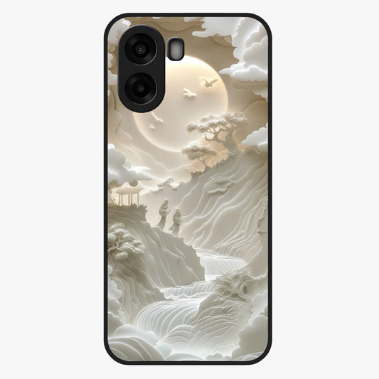 Celestial Origami Glass Case showing flat back view with artistic origami inspired celestial artwork and glossy glass finish.