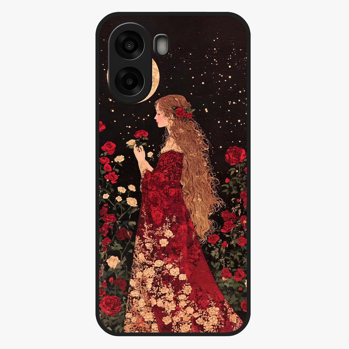 Crimson Dreams Glass Case showing flat back view with dreamy crimson artwork and glossy glass finish.