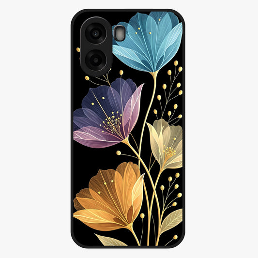 Delicate Multicolor Flowers Glass Case showing flat back view with vibrant floral artwork and glossy glass finish.