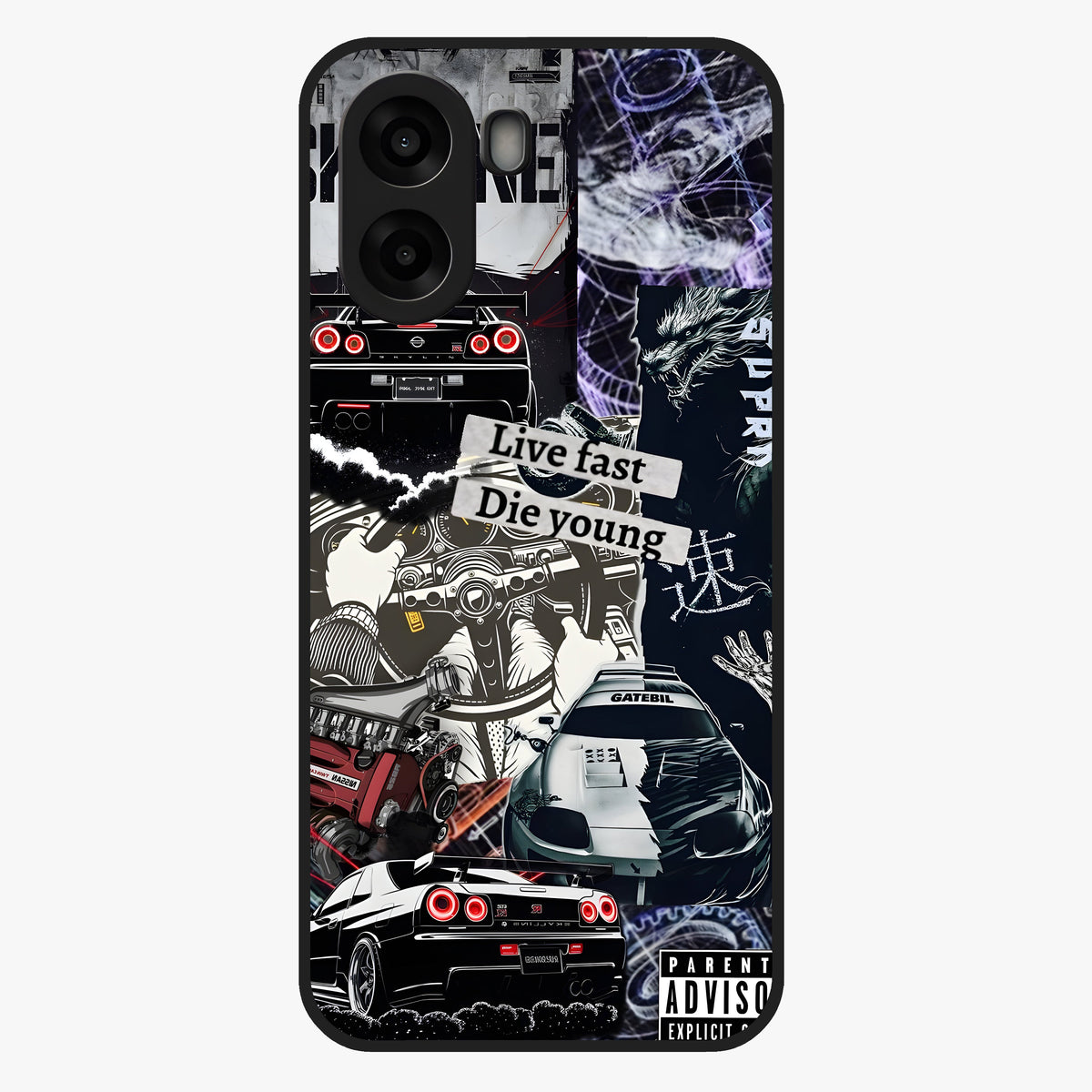 Die Young Glass Case showing flat back view with bold artistic typography design and glossy glass finish.