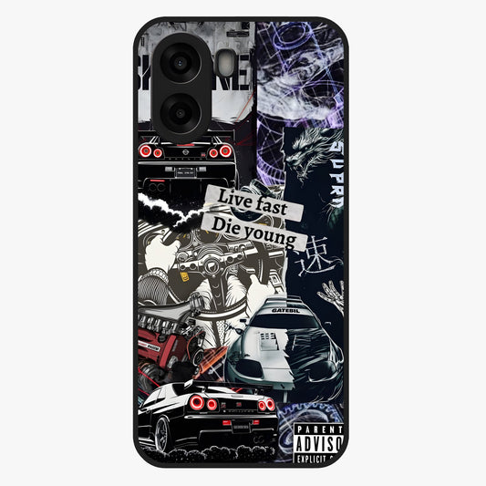 Die Young Glass Case showing flat back view with bold artistic typography design and glossy glass finish.