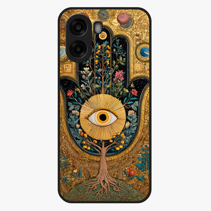Ethereal Evil Eye Glass Case showing flat back view with mystical evil eye artwork and glossy glass finish.