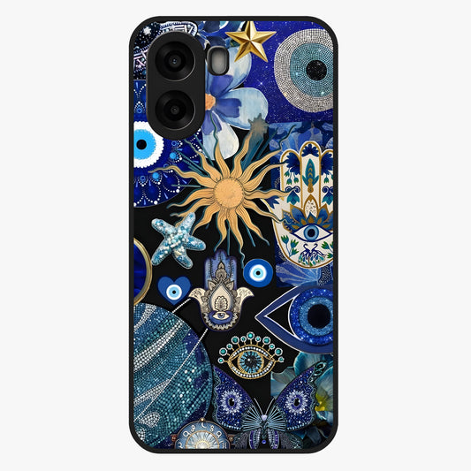 Evil Eye Charm Mix Glass Case showing flat back view with multiple evil eye charms artwork and glossy glass finish.