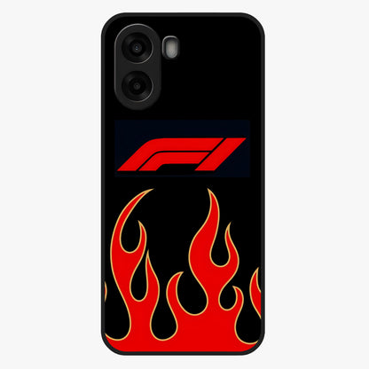 Fire F11 Glass Case showing flat back view with fiery themed artwork and glossy glass finish.