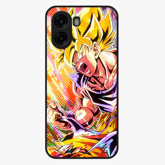 Firing Goku Glass Case showing flat back view with powerful anime inspired artwork and glossy glass finish.
