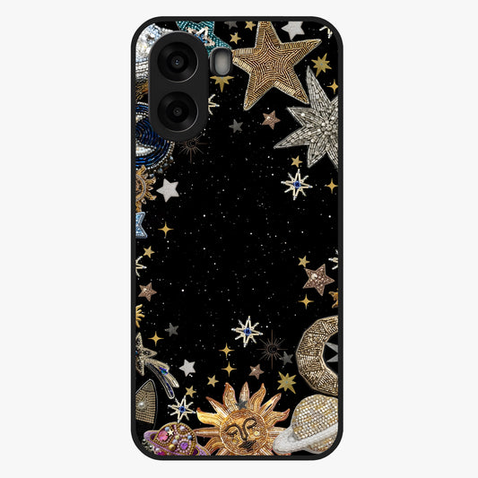 Galactic Jewel Stars Glass Case showing flat back view with sparkling star jewel artwork and glossy glass finish.