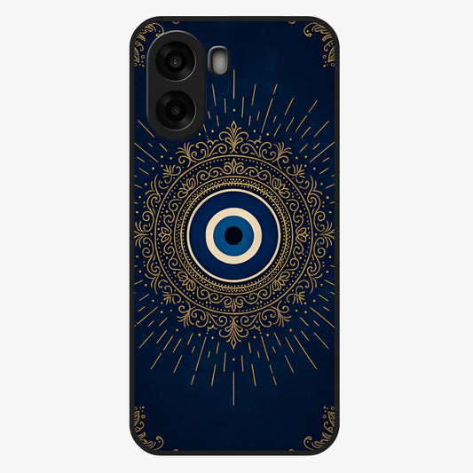 Golden Evil Eye Mandala Glass Case showing flat back view with intricate evil eye mandala artwork and glossy glass finish.