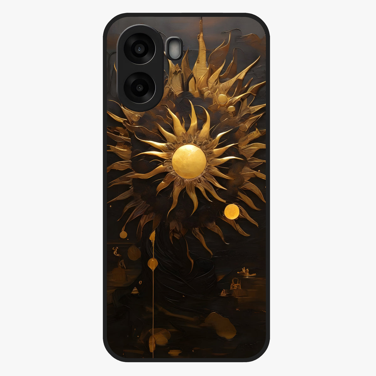 Golden Sun Majesty Glass Case showing flat back view with radiant golden sun artwork and glossy glass finish.