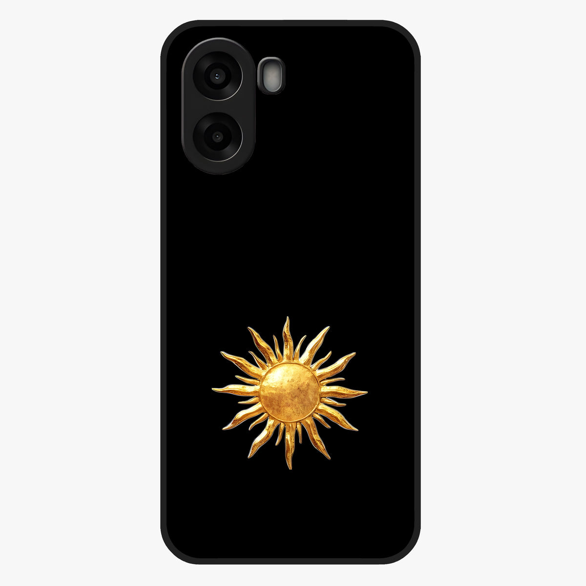 Golden Sun Minimalism Glass Case showing flat back view with minimal golden sun artwork and glossy glass finish.