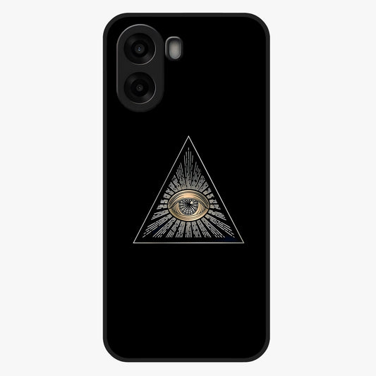 Illuminati Evil Glass Case showing flat back view with mysterious illuminati symbol artwork and glossy glass finish.
