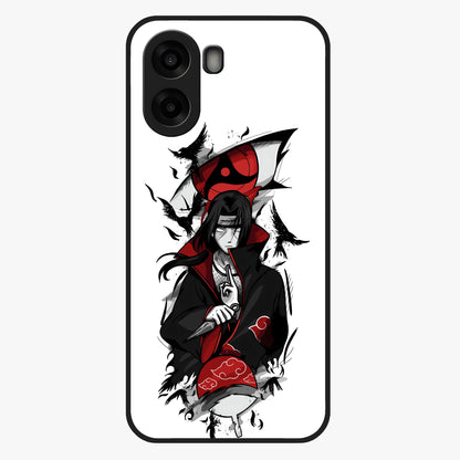 Itachi Sharingan Glass Case showing flat back view with powerful anime eye artwork and glossy glass finish.
